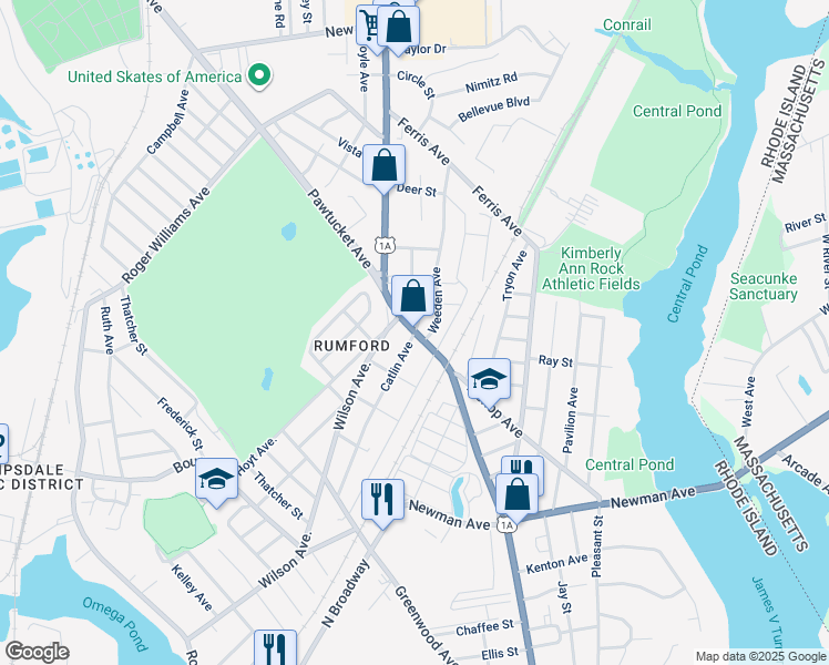 map of restaurants, bars, coffee shops, grocery stores, and more near 450 Pawtucket Avenue in East Providence