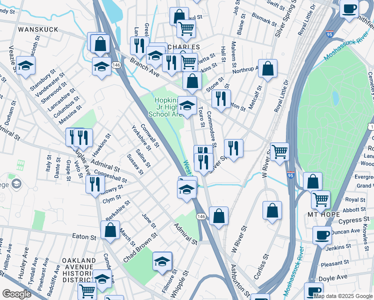 map of restaurants, bars, coffee shops, grocery stores, and more near in Providence