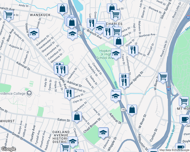 map of restaurants, bars, coffee shops, grocery stores, and more near 83 Cheshire Street in Providence