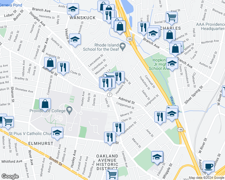 map of restaurants, bars, coffee shops, grocery stores, and more near 395 Admiral Street in Providence