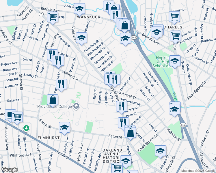 map of restaurants, bars, coffee shops, grocery stores, and more near 619 Rhode Island 7 in Providence