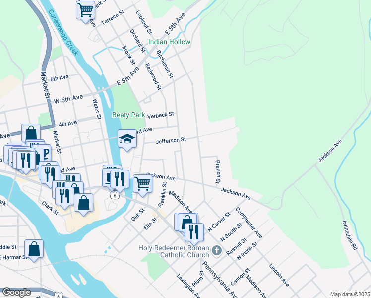 map of restaurants, bars, coffee shops, grocery stores, and more near 24 Jefferson Street in Warren