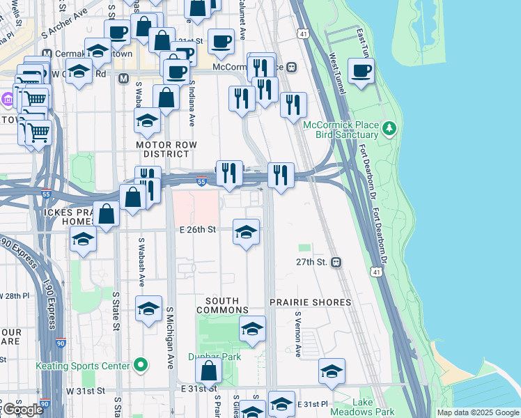 map of restaurants, bars, coffee shops, grocery stores, and more near 2520 South King Drive in Chicago