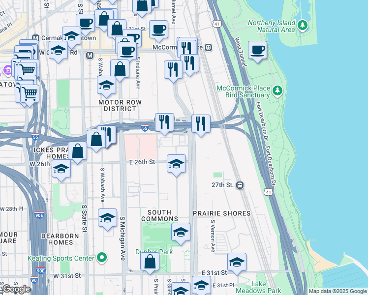 map of restaurants, bars, coffee shops, grocery stores, and more near 2520 South King Drive in Chicago