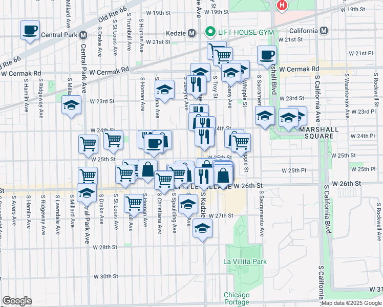 map of restaurants, bars, coffee shops, grocery stores, and more near 2436 South Sawyer Avenue in Chicago
