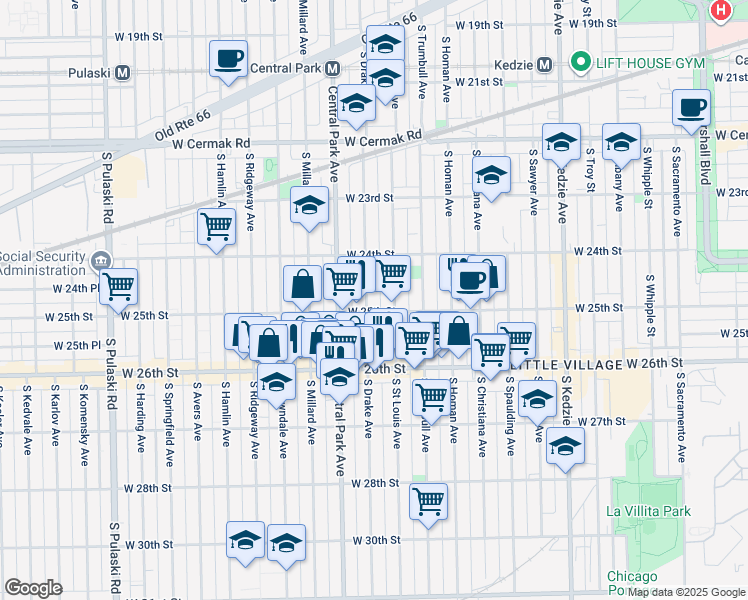 map of restaurants, bars, coffee shops, grocery stores, and more near 2432 South Drake Avenue in Chicago