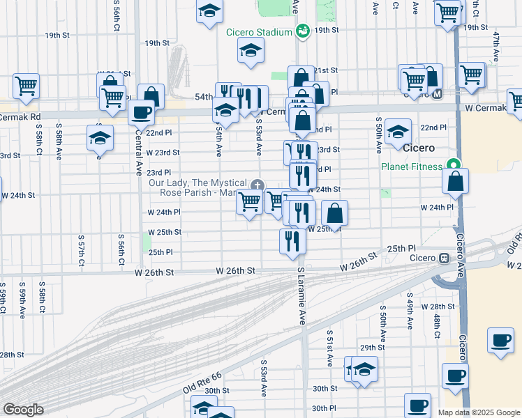 map of restaurants, bars, coffee shops, grocery stores, and more near 5242 West 24th Place in Cicero