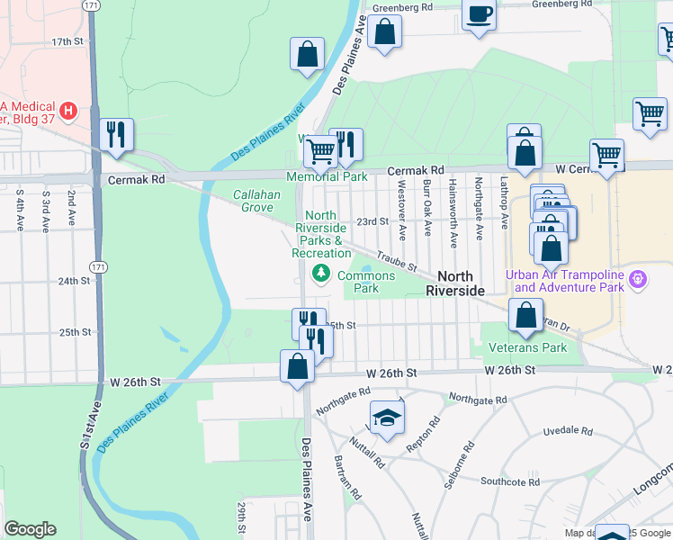 map of restaurants, bars, coffee shops, grocery stores, and more near 2331 Des Plaines Ave in North Riverside
