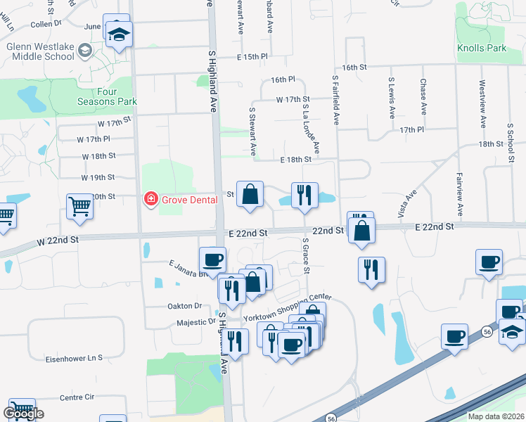 map of restaurants, bars, coffee shops, grocery stores, and more near 260 East 22nd Street in Lombard