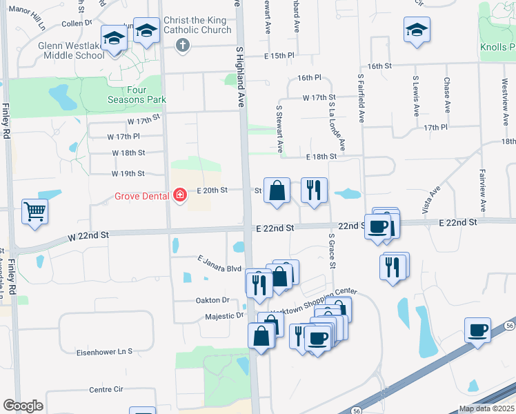 map of restaurants, bars, coffee shops, grocery stores, and more near 2001 South Highland Avenue in Lombard