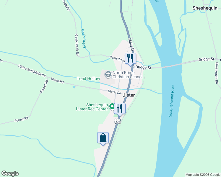 map of restaurants, bars, coffee shops, grocery stores, and more near 7655 Ulster Road in Ulster