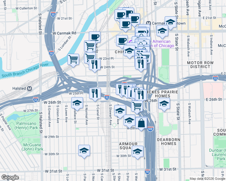 map of restaurants, bars, coffee shops, grocery stores, and more near 331 West 25th Place in Chicago