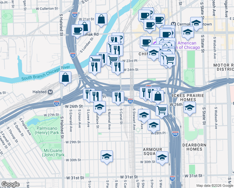 map of restaurants, bars, coffee shops, grocery stores, and more near Dan Ryan Expressway in Chicago