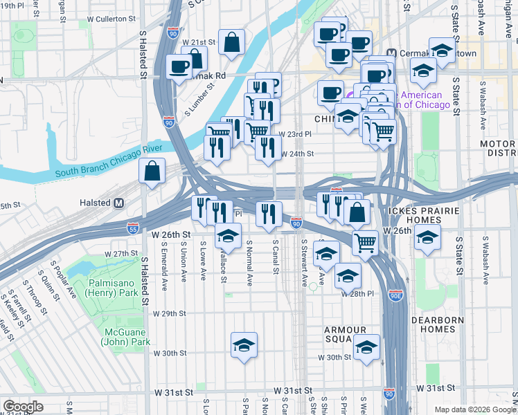 map of restaurants, bars, coffee shops, grocery stores, and more near Dan Ryan Expressway in Chicago