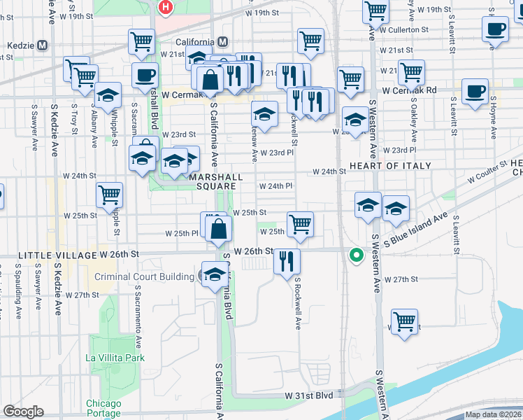 map of restaurants, bars, coffee shops, grocery stores, and more near in Chicago