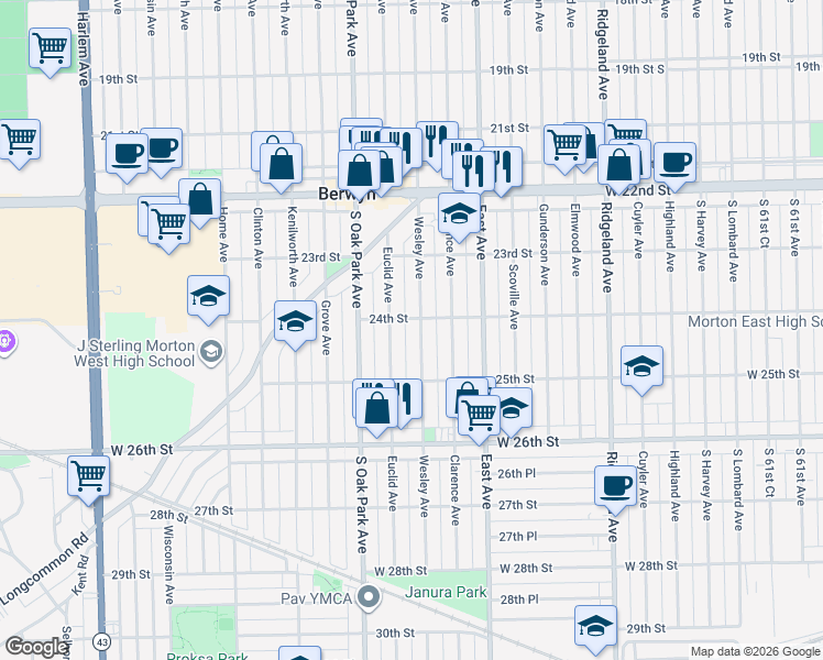 map of restaurants, bars, coffee shops, grocery stores, and more near 2347 Wesley Avenue in Berwyn