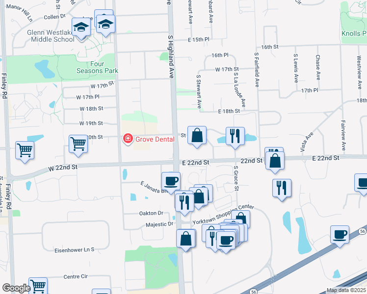 map of restaurants, bars, coffee shops, grocery stores, and more near 2001 South Highland Avenue in Lombard