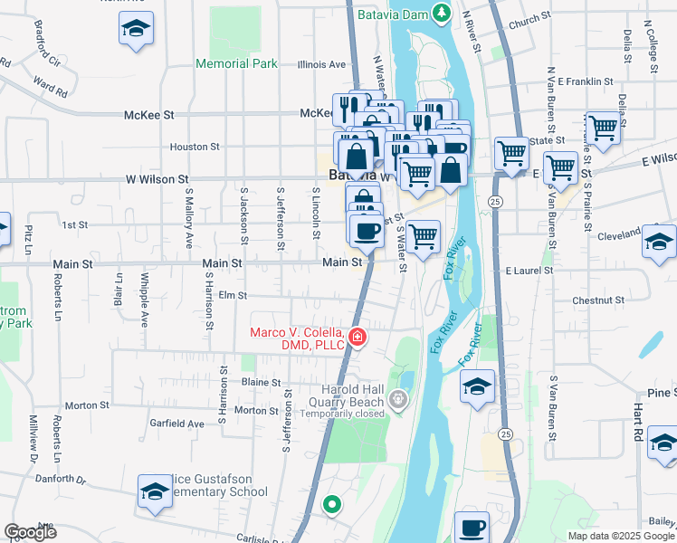 map of restaurants, bars, coffee shops, grocery stores, and more near 359 Main Street in Batavia
