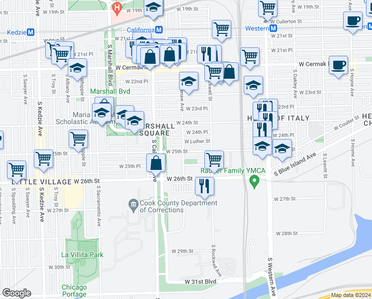 map of restaurants, bars, coffee shops, grocery stores, and more near 2459 South Washtenaw Avenue in Chicago
