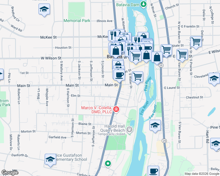 map of restaurants, bars, coffee shops, grocery stores, and more near 336 Main Street in Batavia