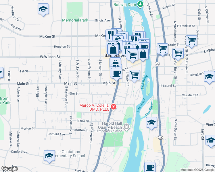map of restaurants, bars, coffee shops, grocery stores, and more near 359 Main Street in Batavia