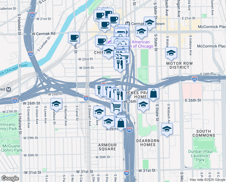 map of restaurants, bars, coffee shops, grocery stores, and more near 227 West 25th Place in Chicago