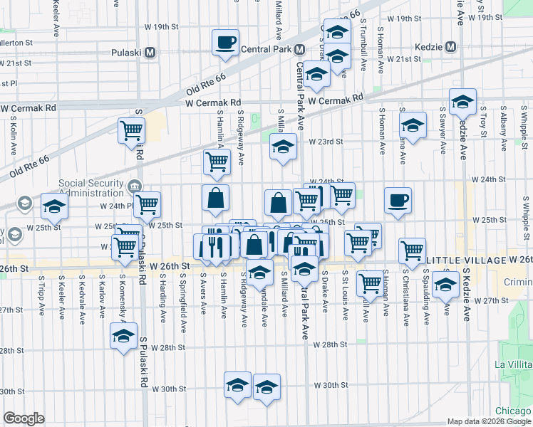 map of restaurants, bars, coffee shops, grocery stores, and more near 2447 South Lawndale Avenue in Chicago