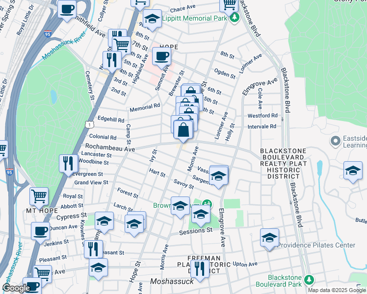 map of restaurants, bars, coffee shops, grocery stores, and more near in Providence