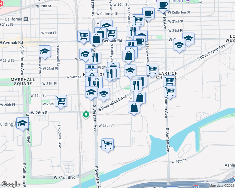 map of restaurants, bars, coffee shops, grocery stores, and more near 2253 West Coulter Street in Chicago