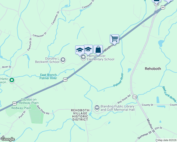 map of restaurants, bars, coffee shops, grocery stores, and more near 325 Winthrop Street in Rehoboth
