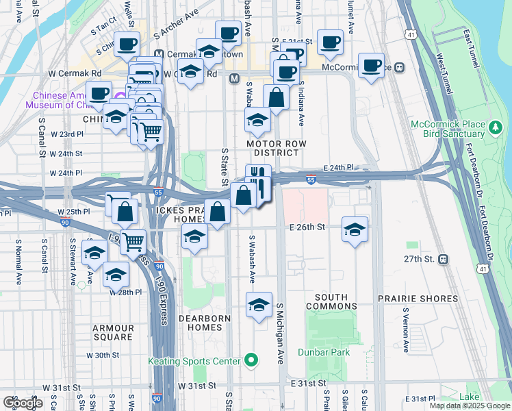 map of restaurants, bars, coffee shops, grocery stores, and more near 2514 South Wabash Avenue in Chicago