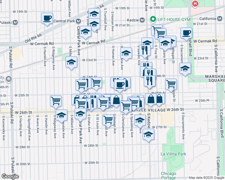 map of restaurants, bars, coffee shops, grocery stores, and more near 2433 South Homan Avenue in Chicago
