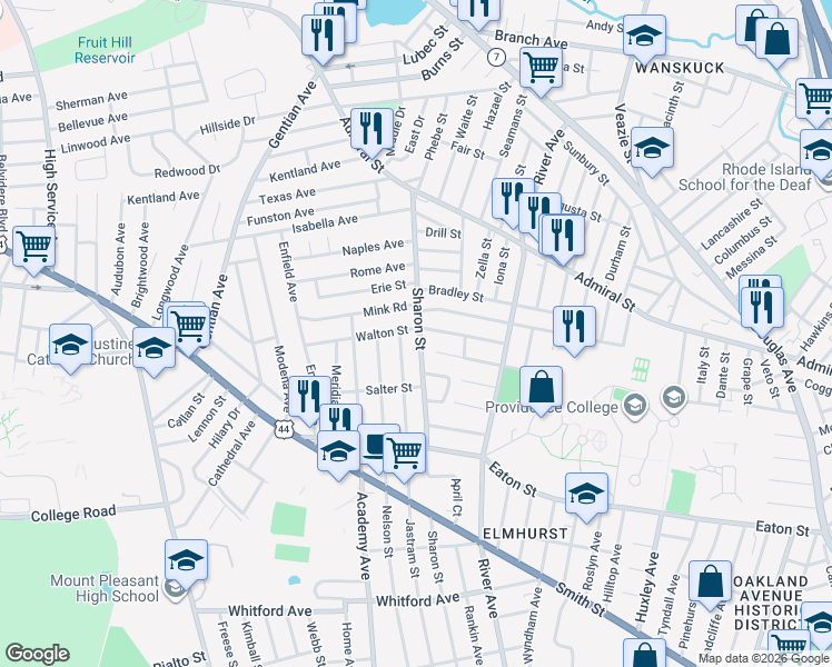 map of restaurants, bars, coffee shops, grocery stores, and more near 400 Sharon Street in Providence