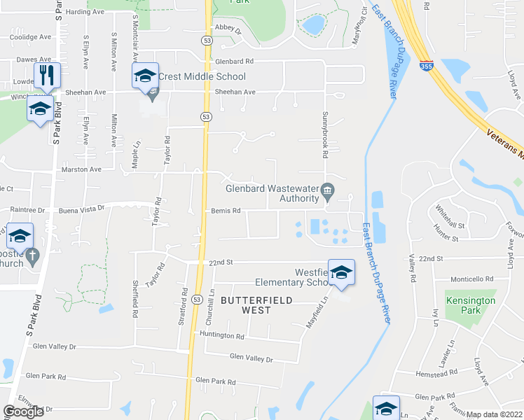 map of restaurants, bars, coffee shops, grocery stores, and more near 880 Bemis Road in Glen Ellyn