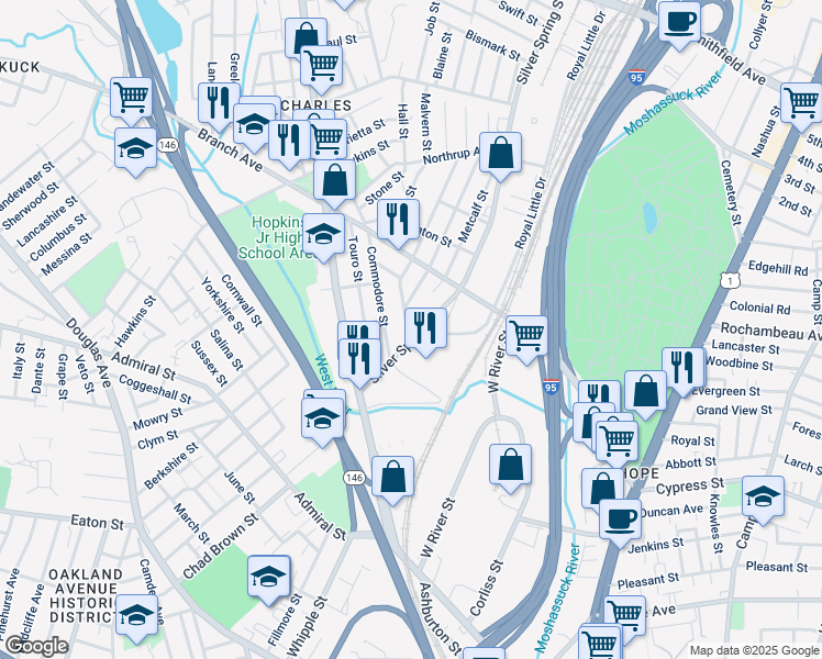 map of restaurants, bars, coffee shops, grocery stores, and more near 80 Silver Spring Street in Providence