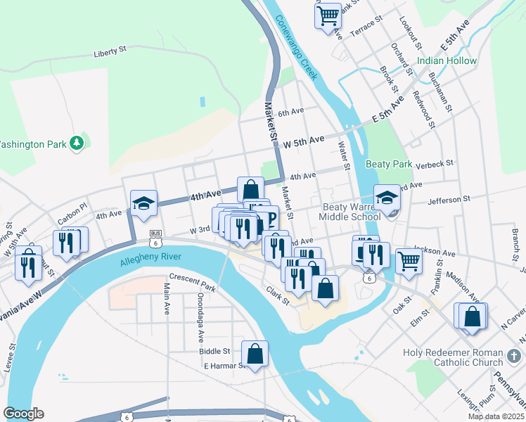 map of restaurants, bars, coffee shops, grocery stores, and more near 310 Liberty Street in Warren