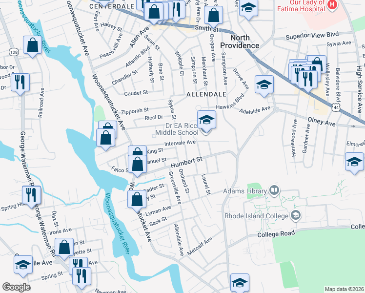 map of restaurants, bars, coffee shops, grocery stores, and more near 16 Cranberry Road in North Providence