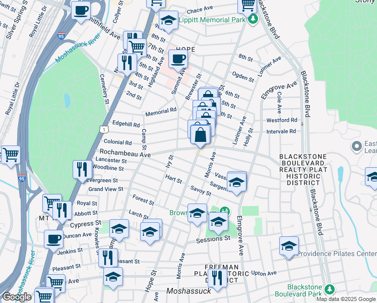 map of restaurants, bars, coffee shops, grocery stores, and more near 216 Rochambeau Avenue in Providence