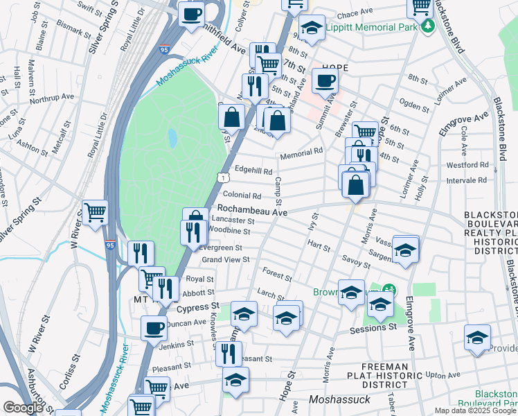 map of restaurants, bars, coffee shops, grocery stores, and more near 90 Colonial Road in Providence