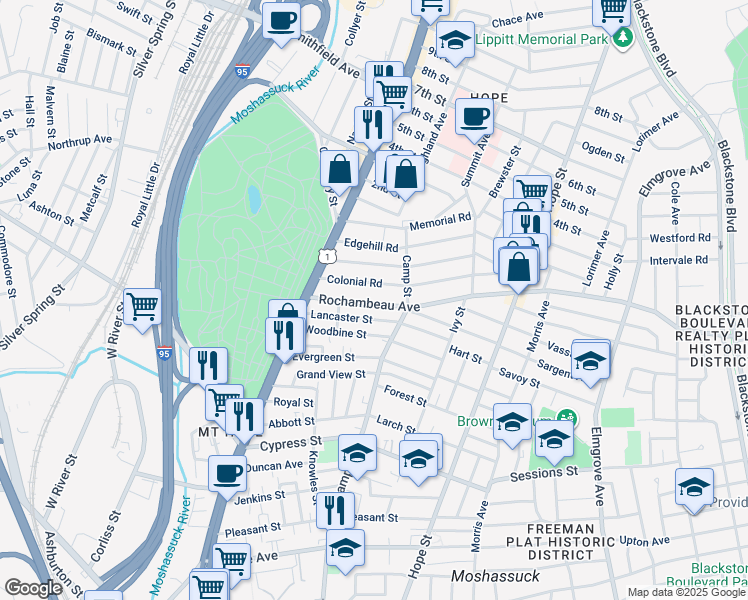 map of restaurants, bars, coffee shops, grocery stores, and more near 90 Colonial Road in Providence