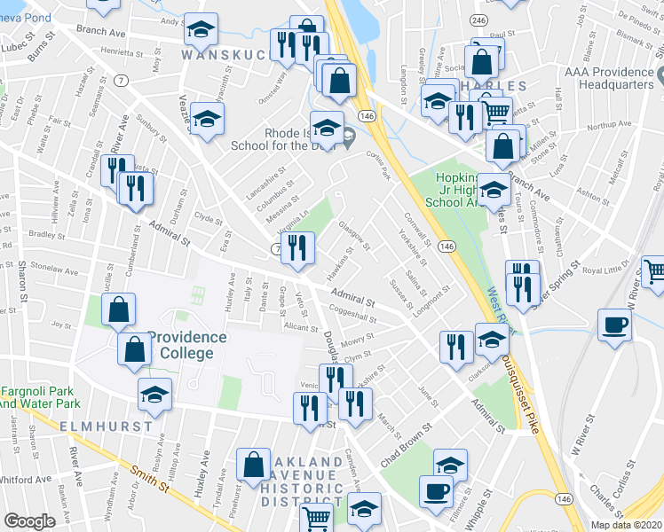 map of restaurants, bars, coffee shops, grocery stores, and more near 395 Admiral Street in Providence