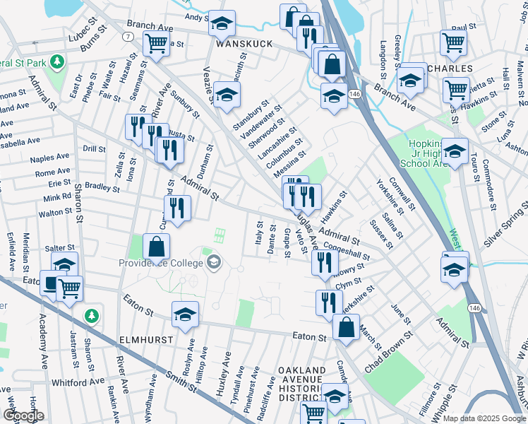 map of restaurants, bars, coffee shops, grocery stores, and more near 22 Addeo Street in Providence