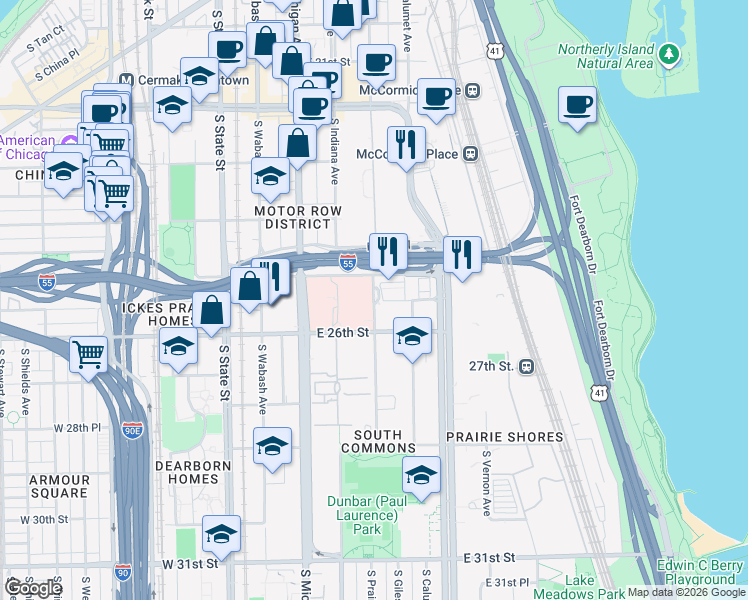 map of restaurants, bars, coffee shops, grocery stores, and more near 2525 South Michigan Avenue in Chicago