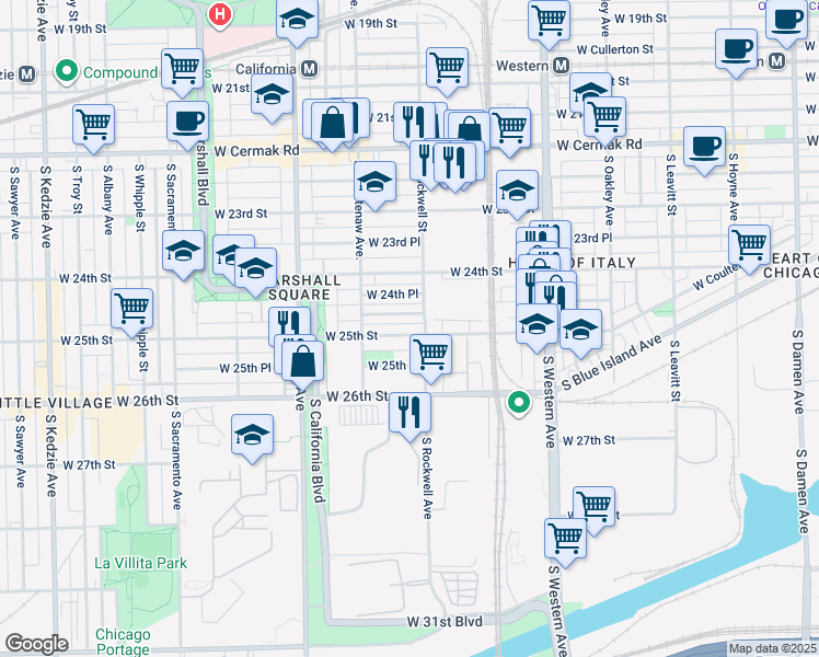 map of restaurants, bars, coffee shops, grocery stores, and more near 2627 West Luther Street in Chicago