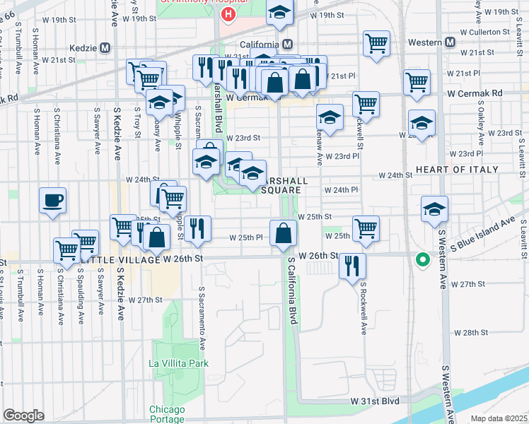 map of restaurants, bars, coffee shops, grocery stores, and more near 2438 South California Avenue in Chicago