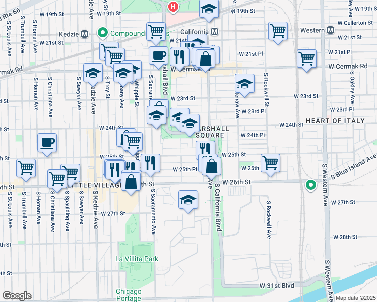 map of restaurants, bars, coffee shops, grocery stores, and more near 2443 South Francisco Avenue in Chicago