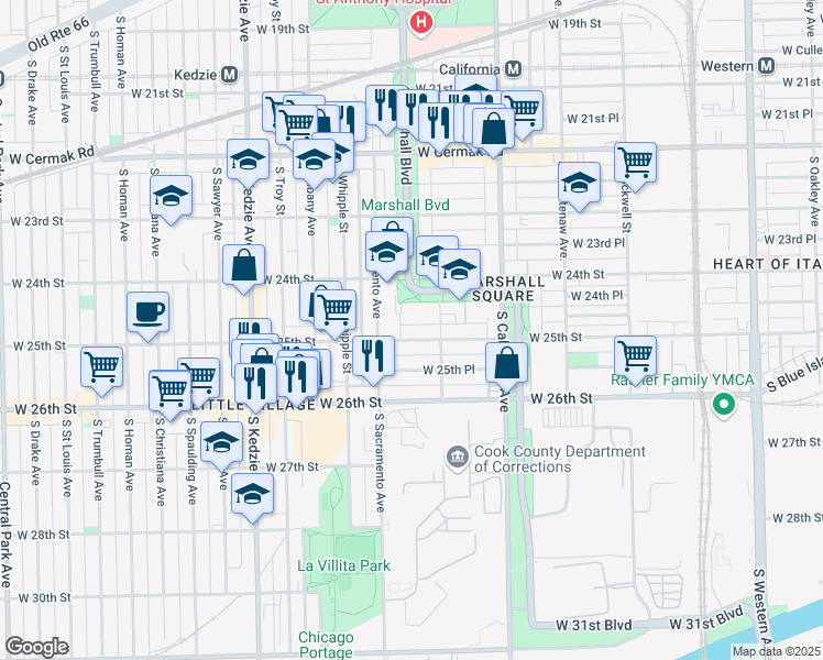 map of restaurants, bars, coffee shops, grocery stores, and more near 2443 South Boulevard Way in Chicago
