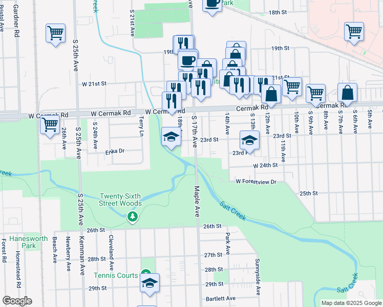map of restaurants, bars, coffee shops, grocery stores, and more near 2317 South 17th Avenue in North Riverside
