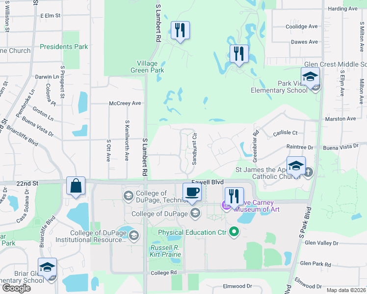 map of restaurants, bars, coffee shops, grocery stores, and more near 381 Sandhurst Circle in Glen Ellyn