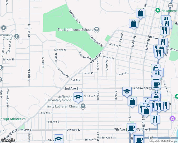 map of restaurants, bars, coffee shops, grocery stores, and more near 227 North Bluff Boulevard in Clinton